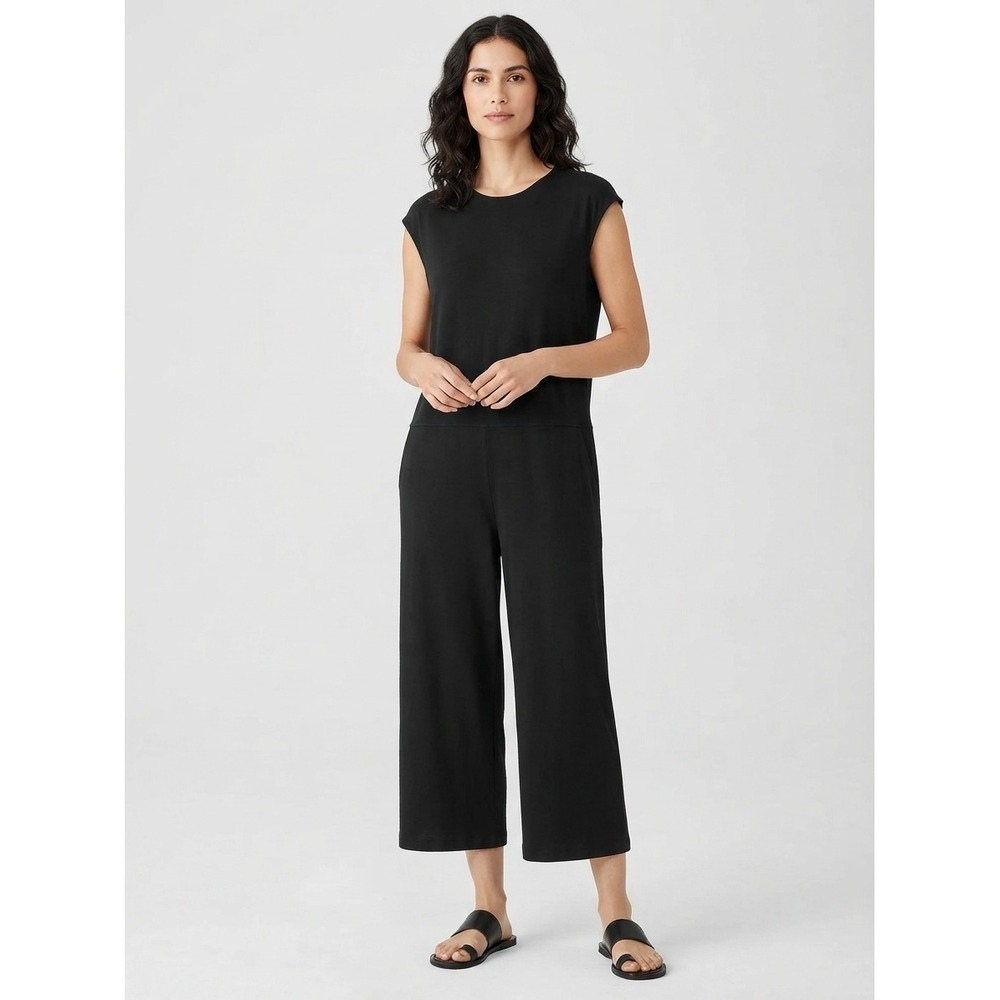 Eileen Fisher Viscose Spandex Cap Sleeve Wide Leg Jumpsuit Black Large